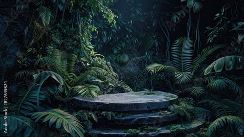 A stone podium in the jungle, surrounded by lush green ferns and trees, at night, in a high resolution, hyper realistic, super detailed style.