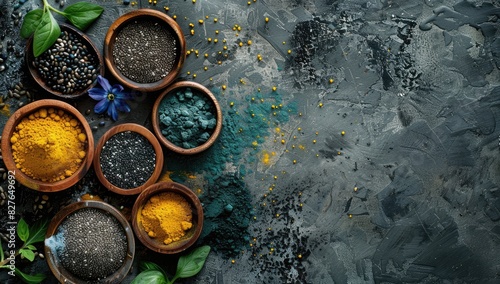 Assorted Superfoods and Spices on Dark Background