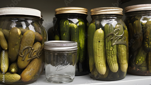 Pickled cucumbers in jar background, Generative AI