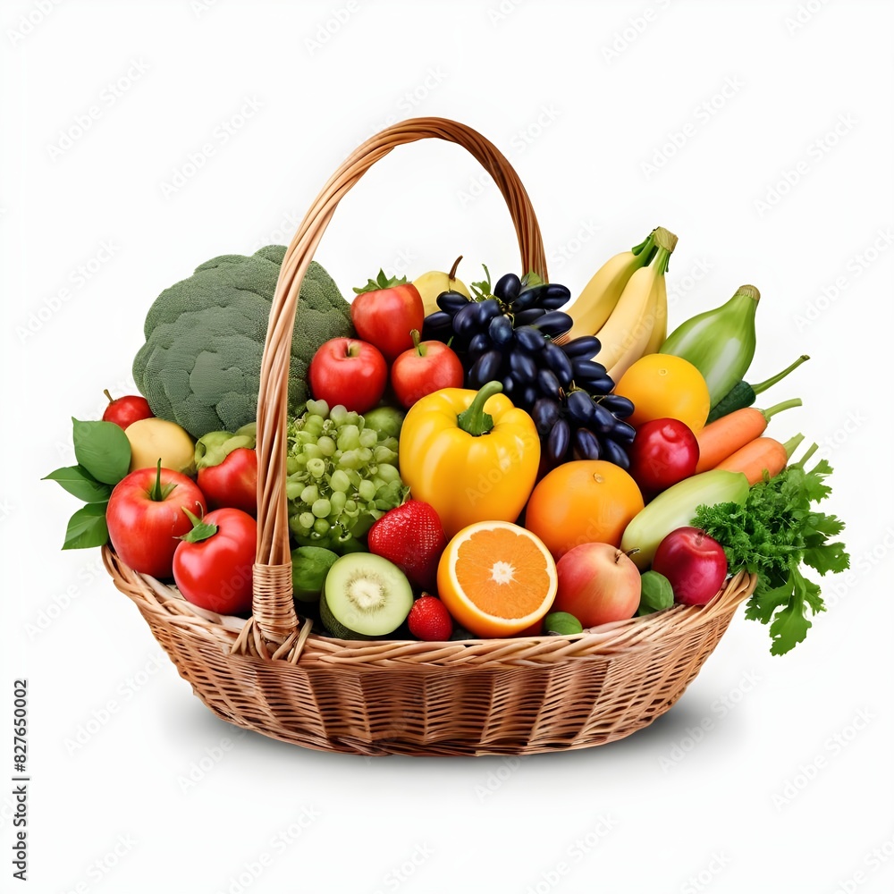 A big basket filled with various colorful fruits and vegetables isolated on white studio background. A big basket filled with various colorful fruits and vegetables isolated on white studio background.