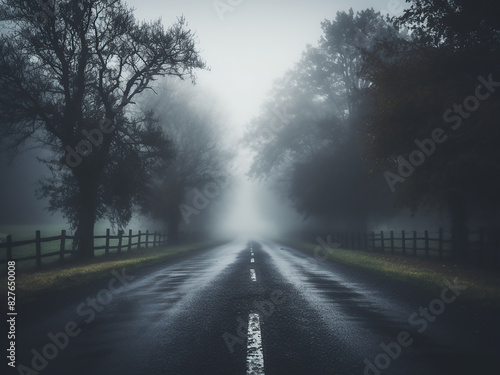 Soft focus captures the serene ambiance of a foggy morning road
