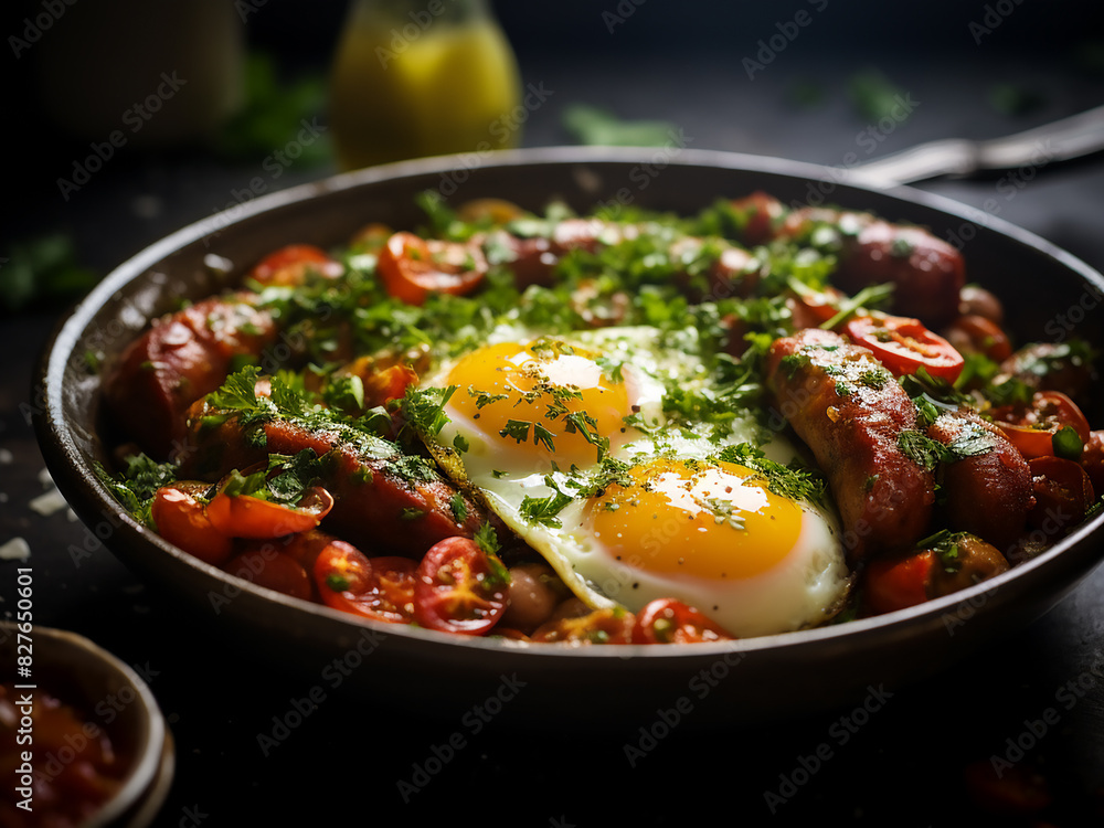 Morning indulgence captured fried eggs, sausages, and flavorful green salsa take center stage Morning indulgence captured fried eggs, sausages, and flavorful green salsa take center stage