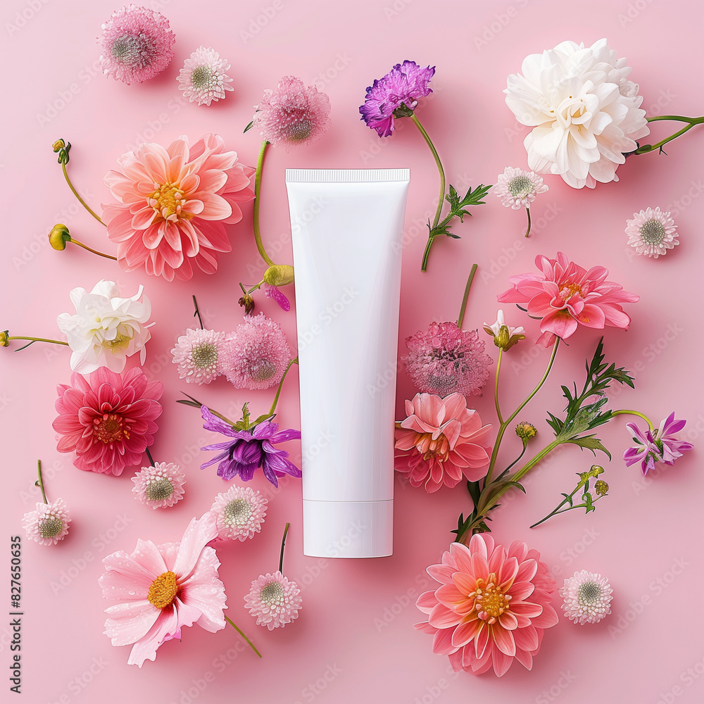 white skincare product surrounded by vibrant flowers in pink and orange tones on the background. Trendy social mockup or wallpaper with copy Advertisement for subjects in the cosmetics industry. white skincare product surrounded by vibrant flowers in pink and orange tones on the background. Trendy social mockup or wallpaper with copy Advertisement for subjects in the cosmetics industry.
