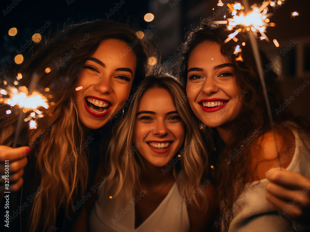 New Year's magic unfolds as friends revel in the glow of sparklers together New Year's magic unfolds as friends revel in the glow of sparklers together