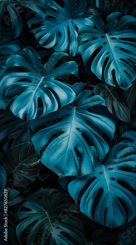 Blue monstera leaf background.Minimal creative nature concept.flat lay