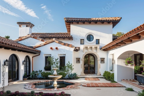 A stylish suburban residence with a white stucco exterior  terra cotta roof tiles  and a courtyard with a decorative fountain.