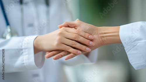 With a compassionate touch, the psychiatrist's hands rest gently on her patient's palm, symbolizing trust and compassion in the therapeutic relationship.