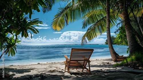 Wooden Deck Chair Facing the Ocean: A Tropical Paradise Getaway photo