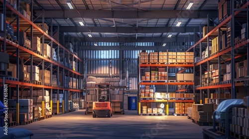 A modern warehouse with high shelves full filled with boxes and pallets  a forklift truck on the left side  a wide