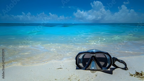Sunlit Beach Awaits Next Diving Adventure: Solitary Scuba Mask Conveys Invitation © pkproject