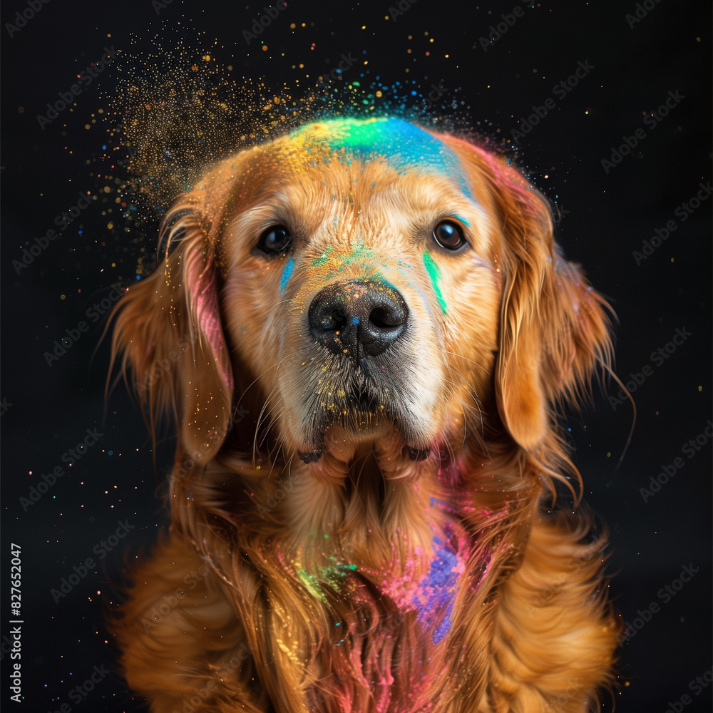 Golden retriever dog with a colorful powder splash.Minimal creative fun,party and nature concept