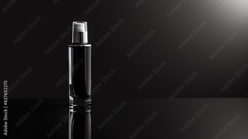 Black bottle with pump on a black background. Black bottle with pump on a black background.