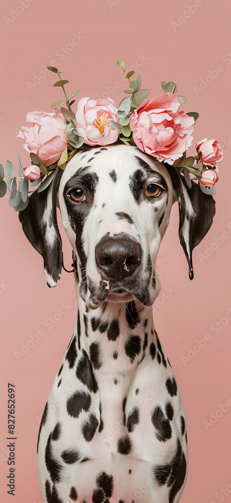 Dalmatian with a fresh flower wreath on its head.Minimal creative nature and fashion concept. Dalmatian with a fresh flower wreath on its head.Minimal creative nature and fashion concept.