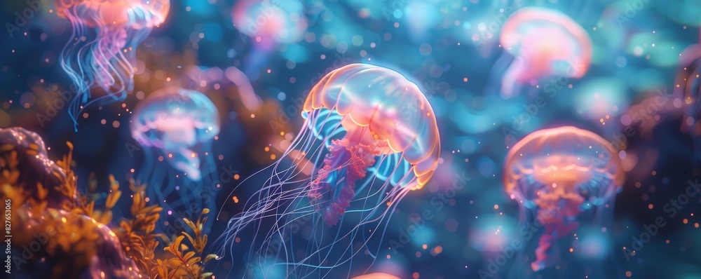 A mesmerizing underwater scene showcasing glowing jellyfish illuminated by vibrant, colorful lights, drifting gracefully in the deep ocean. A mesmerizing underwater scene showcasing glowing jellyfish illuminated by vibrant, colorful lights, drifting gracefully in the deep ocean.