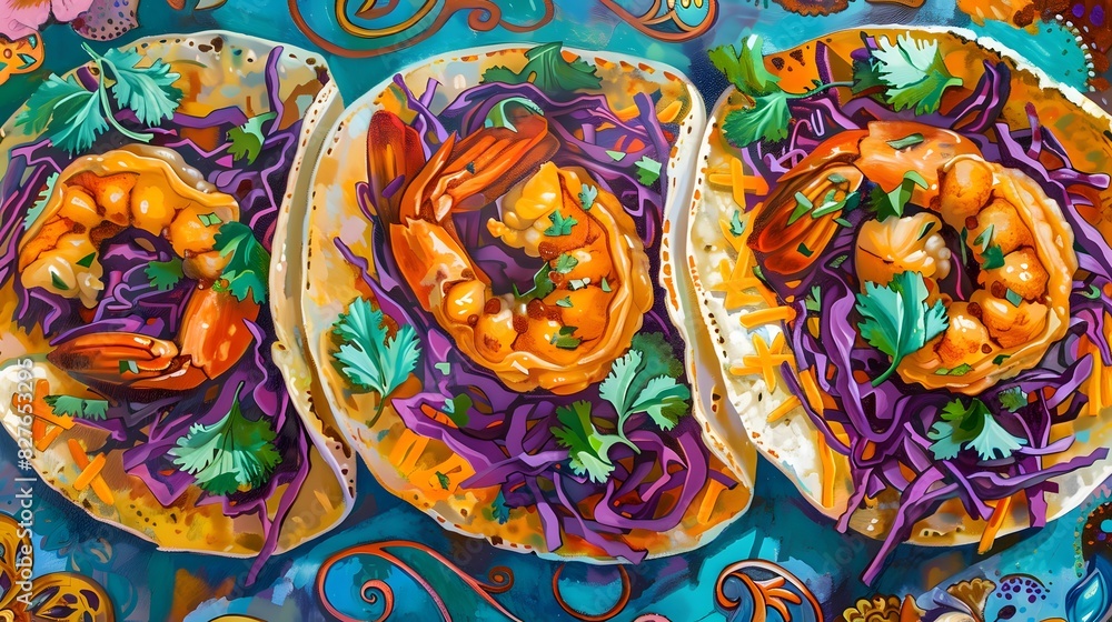 Fauvism of Tacos filled with orange shrimp and purple cabbage