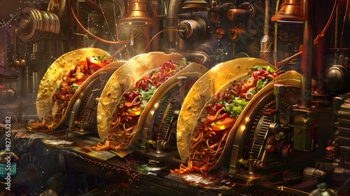 Chibi Art of Tacos filled with magentacolored shredded chicken