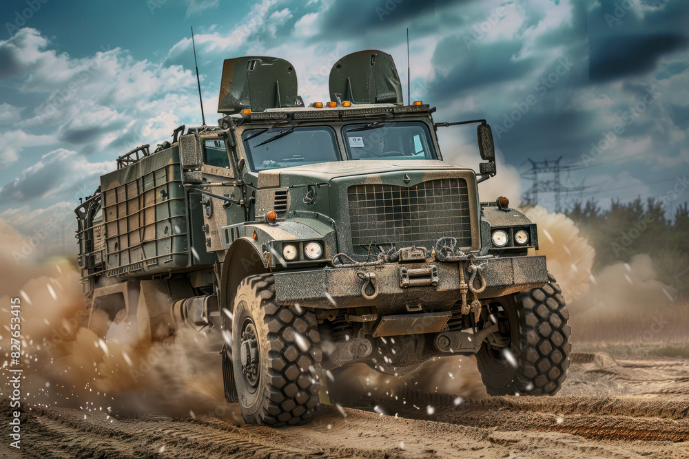 Fototapeta premium Military Truck Kicking Up Dust on Rugged Terrain