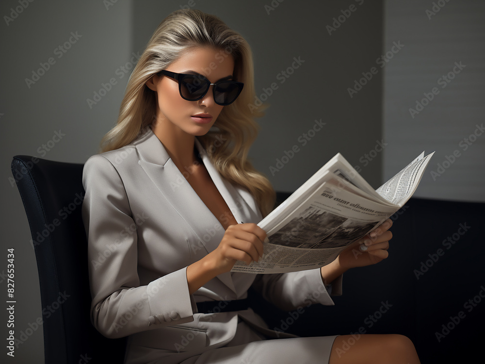 A businesswoman reads a newspaper in a cropped image against a gray backdrop A businesswoman reads a newspaper in a cropped image against a gray backdrop