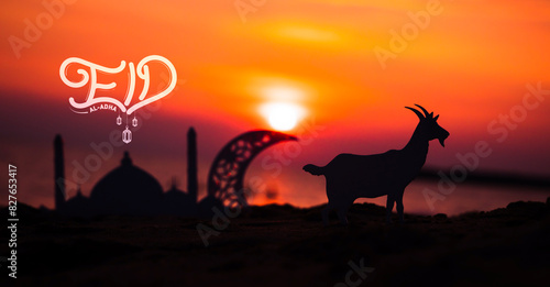 Eid Al Adha Mubarak photo  Goat and crescent moon shape on the beach with sunset sky