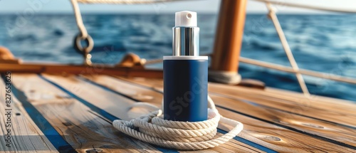 Blue bottle of sunscreen on wooden boat deck