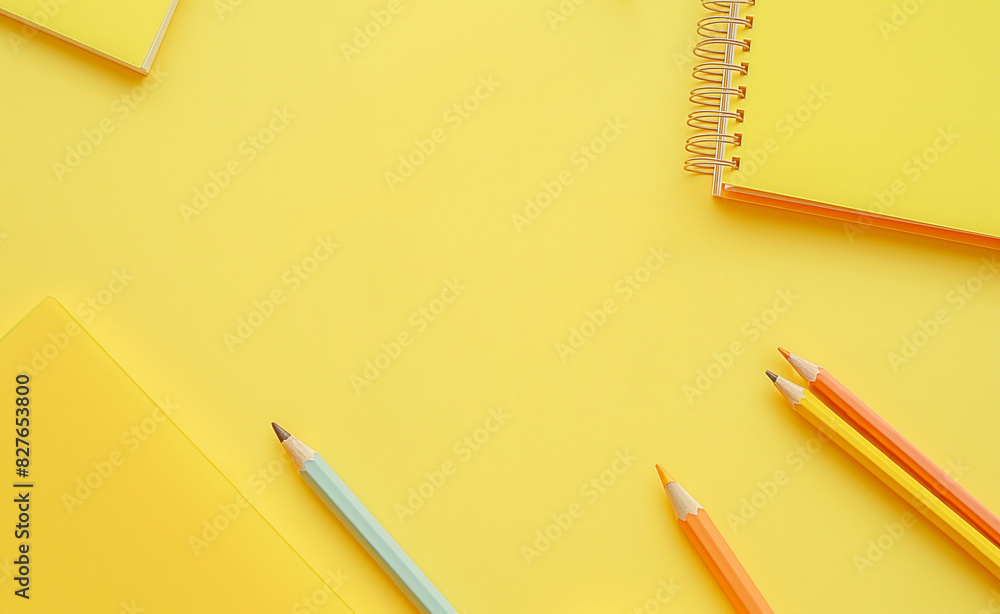 Flat lay of office supplies on yellow background with copy space. Back to school. School supplies on a yellow background. Top view. Flat lay of office supplies on yellow background with copy space. Back to school. School supplies on a yellow background. Top view.