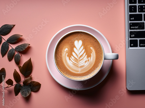 A keyboard-shaped latte art adorns a cup of coffee amidst office tools on a pink background photo