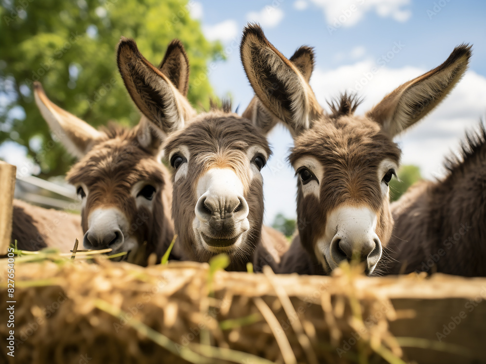Peeking out from their farm pen, curious donkeys enjoy a sunny summer day Peeking out from their farm pen, curious donkeys enjoy a sunny summer day