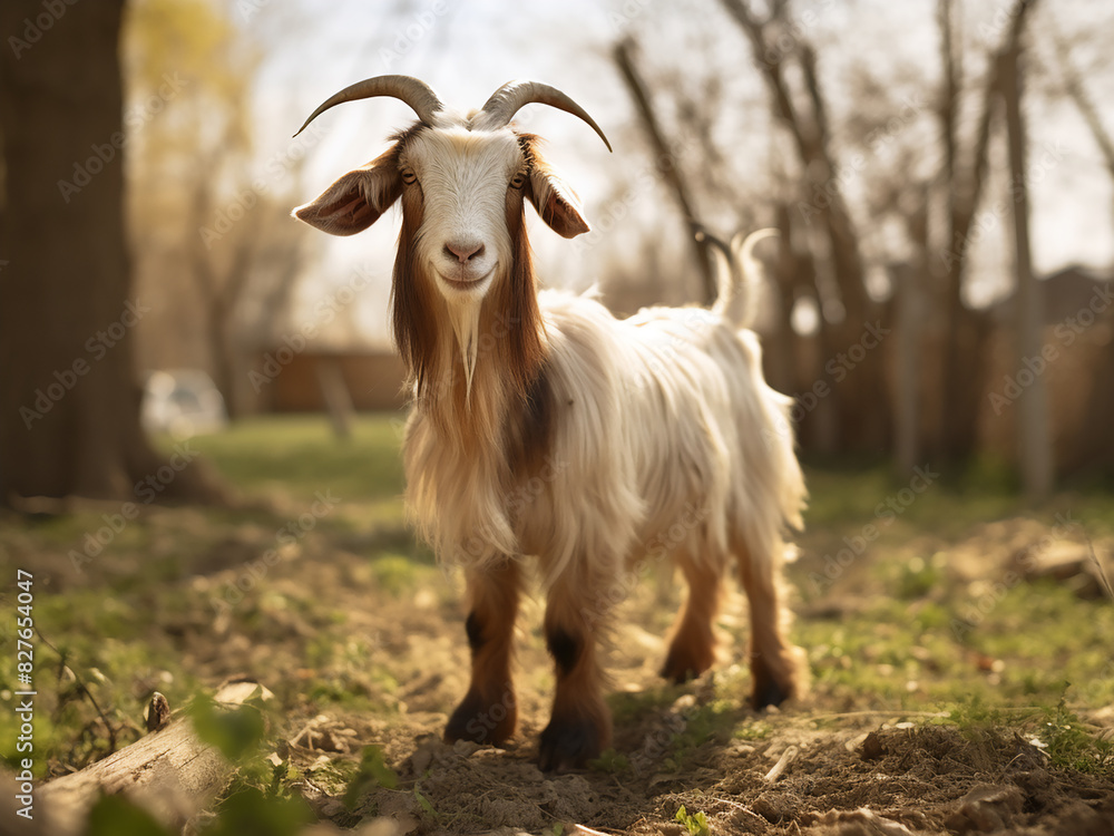 Fototapeta premium Captured by AI, a joyful goat stands in a yard, symbolizing the cyclical Chinese calendar