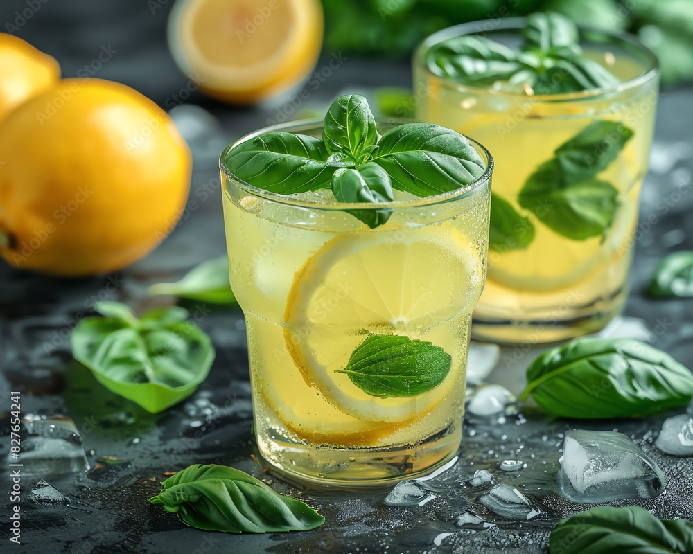 Healthy drinks, Refreshing lemonade with basil and lemon slices, perfect for summer.