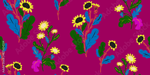 Stylized chamomile flowers, floral pattern. Vector overlapping seamless pattern