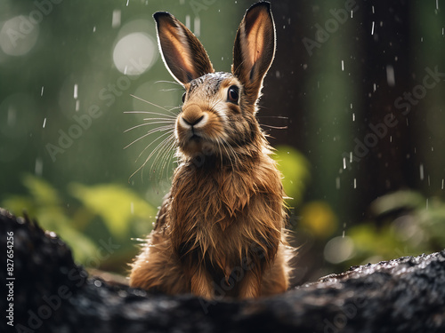 Adorable brown hare, drenched in rain, stands gracefully amidst the forest's canopy photo