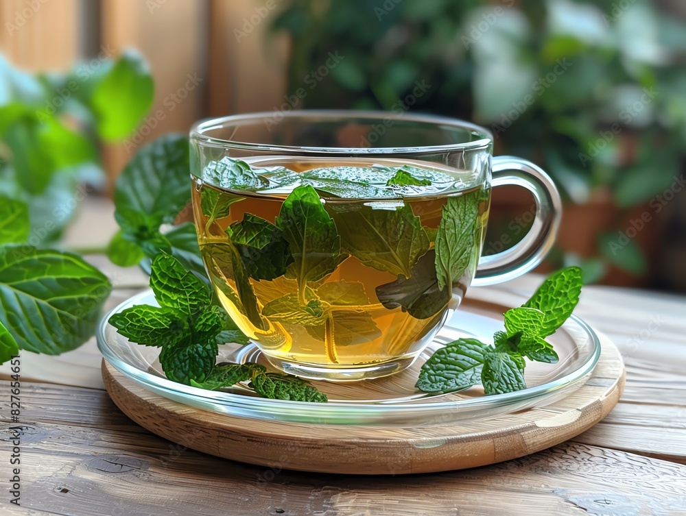 Healthy drinks, A cup of fresh mint tea on a wooden table. Healthy drinks, A cup of fresh mint tea on a wooden table.