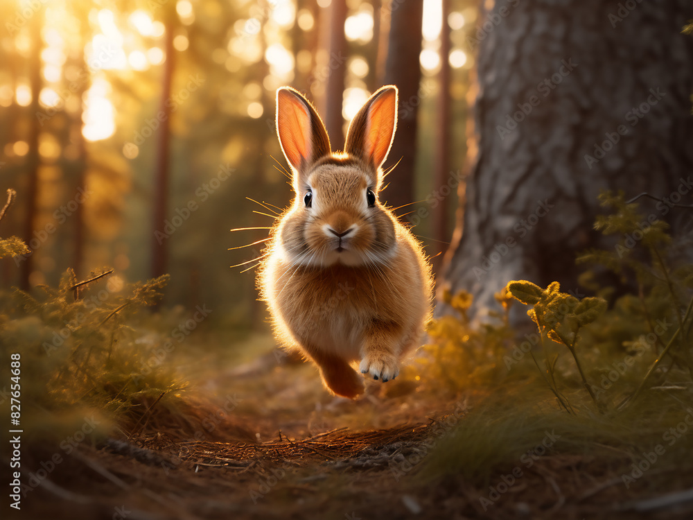Sunset illuminates the forest as a charming rabbit gracefully hops through its midst Sunset illuminates the forest as a charming rabbit gracefully hops through its midst