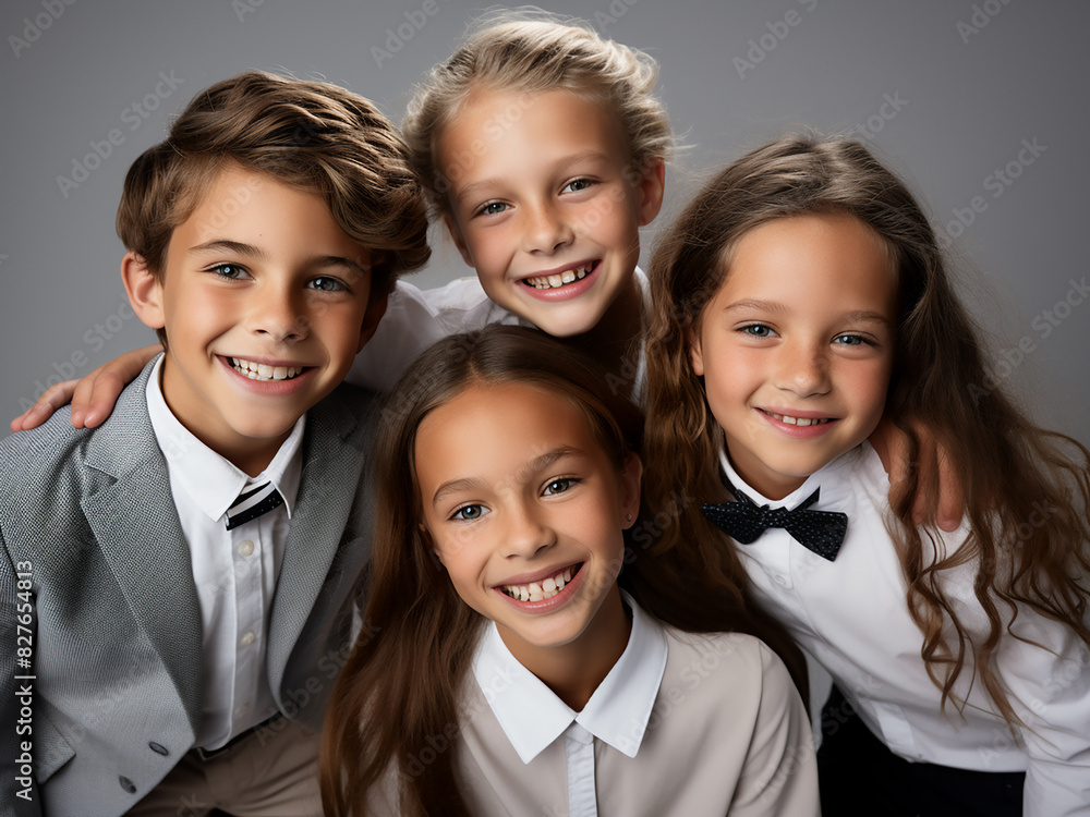 From above, schoolchildren beam with smiles against a white backdrop From above, schoolchildren beam with smiles against a white backdrop