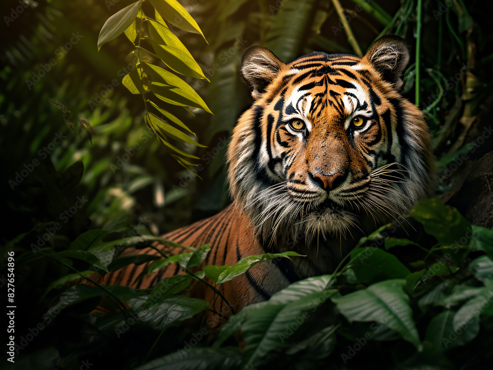 Fototapeta premium Enveloped by nature's splendor, a tiger's portrait captivates