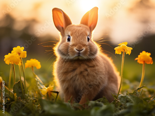 At sunset, a red rabbit amidst flowers creates an idyllic Easter ambiance on grass