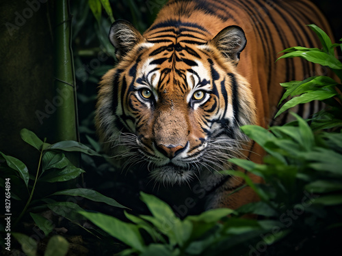 Amidst verdant wilderness, a tiger's fierce portrait commands attention © Llama-World-studio