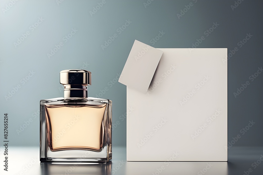 Glass perfume bottle along with blank label Mockup with blue background, product mockups Glass perfume bottle along with blank label Mockup with blue background, product mockups