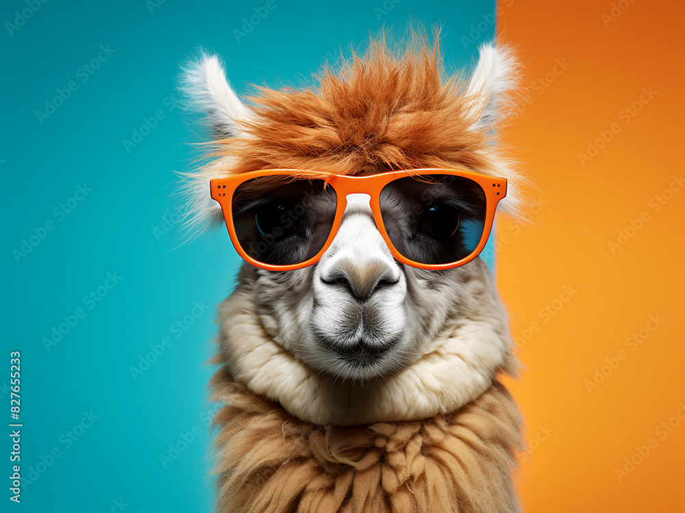 An alpaca, sporting sunglasses, adds charm against a vibrant backdrop