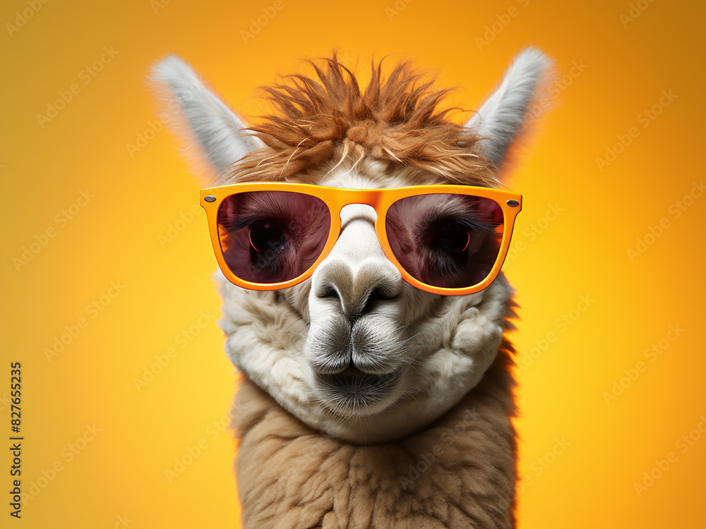 A fashionable alpaca dons sunglasses, creating a quirky animal portrait