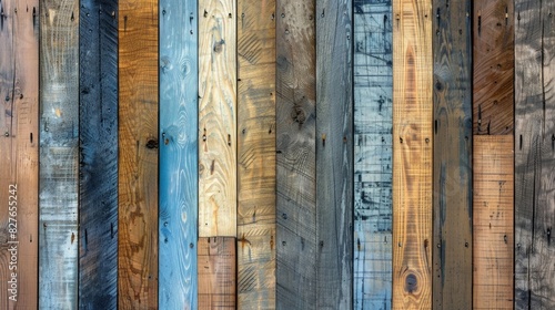 A wooden wall background with rustic wood planks in various shades of brown and blue, creating an organic texture for interior design or architectural projects.