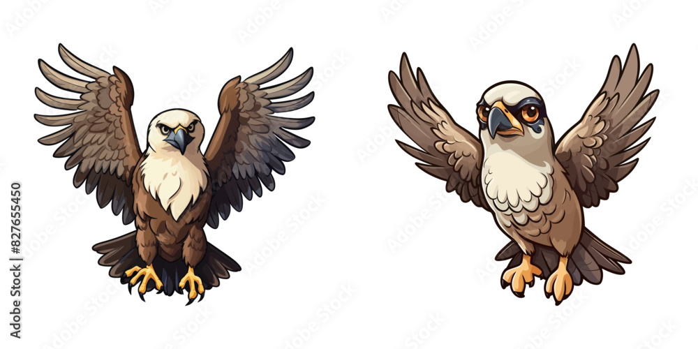 Fototapeta premium Vector illustration of two cartoon eagles with wings spread, ideal for wildlife and educational designs.