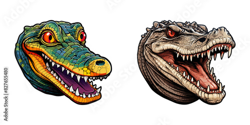 Vector illustration of two detailed and fierce crocodile heads, showcasing sharp teeth and intense expressions.