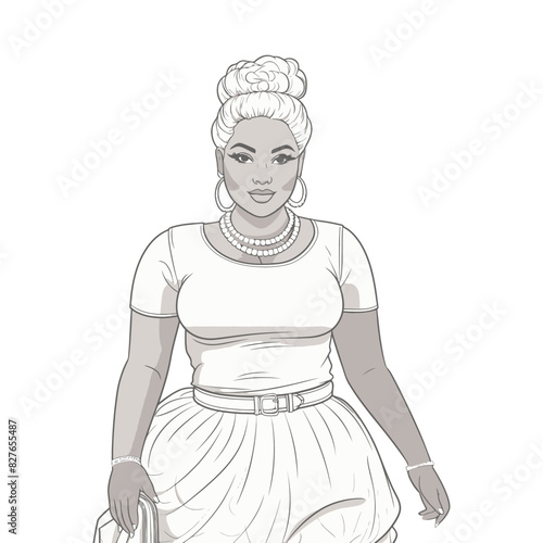 Vector illustration of a confident plus-size woman in a stylish outfit, representing body positivity and fashion.