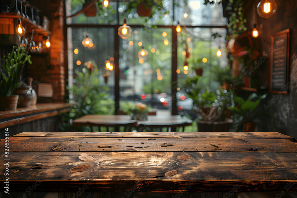 Empty rustic wood table and blurred soft light table in restaurant with ...