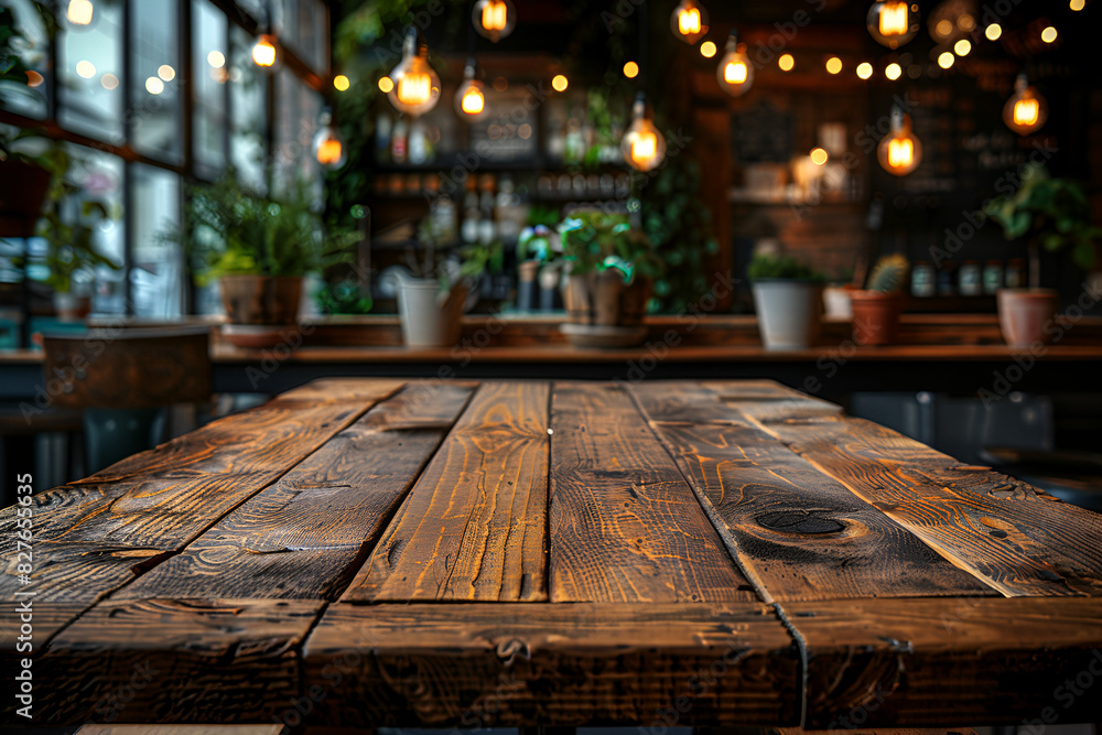 Obraz na płótnie Empty rustic wood table and blurred soft light table in restaurant with bokeh background. product display template.Business presentation w salonie