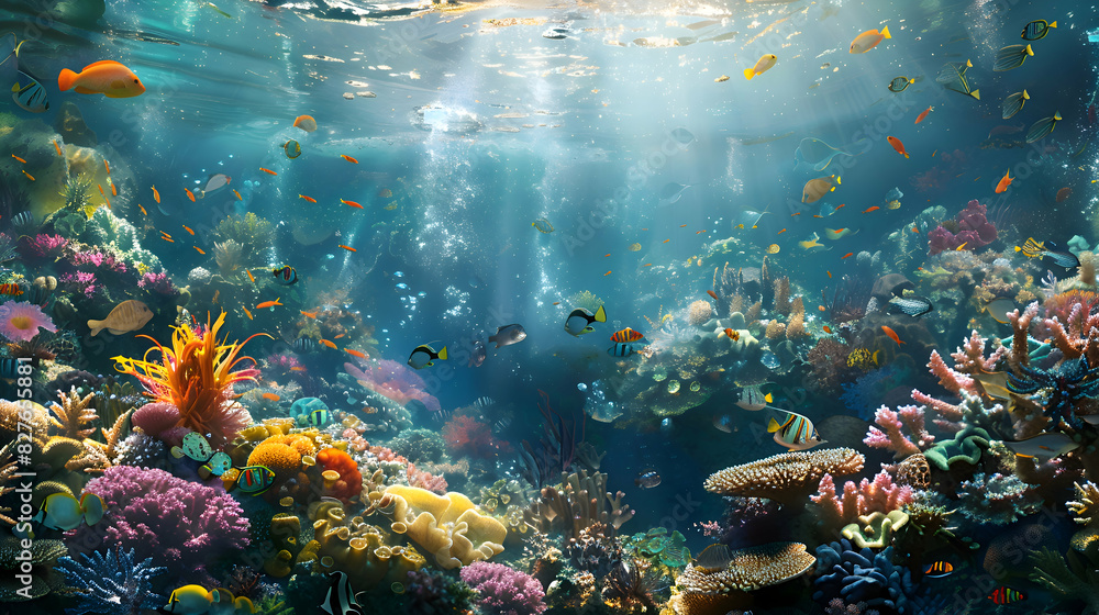 Naklejka premium A colorful coral reef teeming with marine life beneath the ocean surface