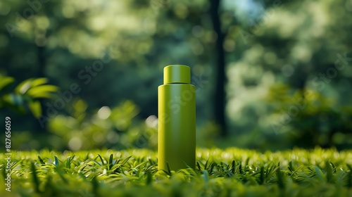 Green bottle mockup on green grass with blurred forest background.