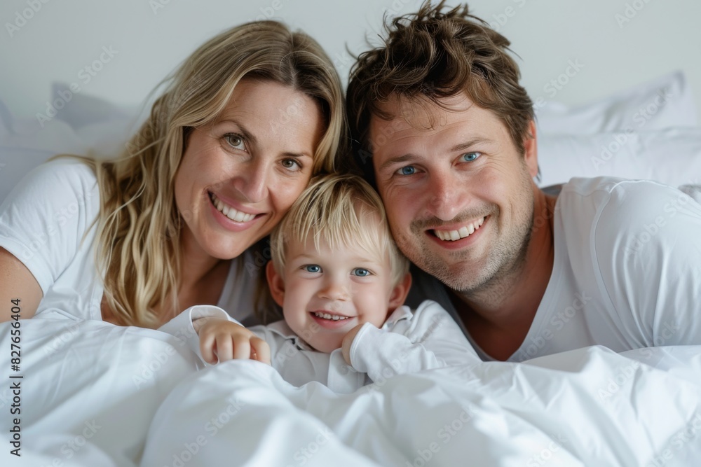 Fototapeta premium Happy family of three embracing and smiling in bed with white bedding, capturing a moment of love and joy.