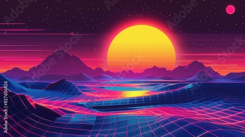 Abstract futuristic landscape 1980s style. Vector illustration 80s party background . 80s Retro Sci-Fi background.